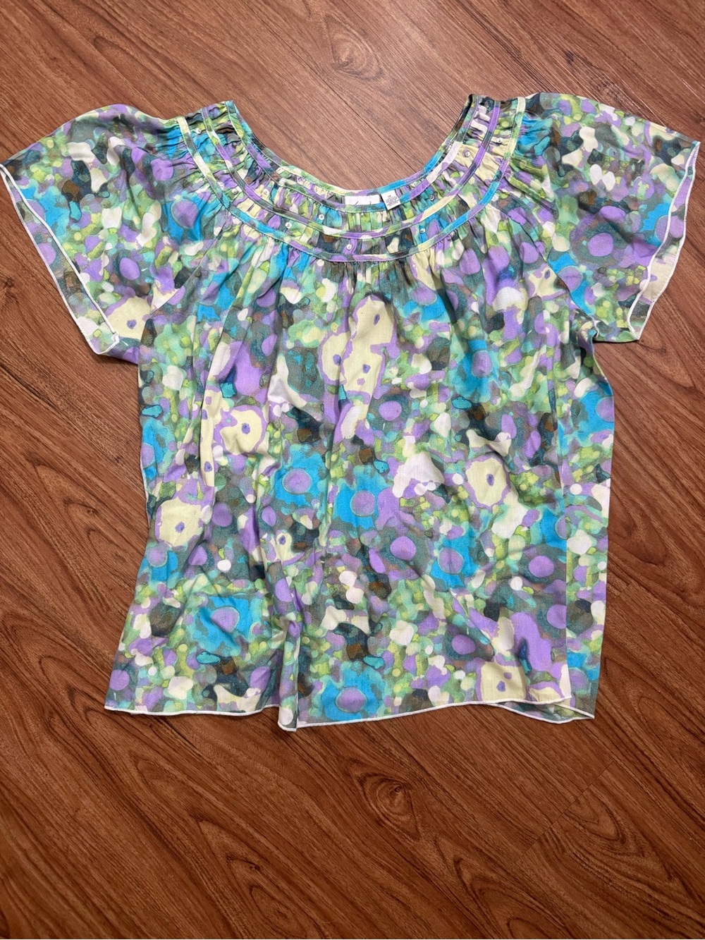 Kim Rogers Multicolor Floral Print Short Sleeve Blouse - Blue, Purple, Green